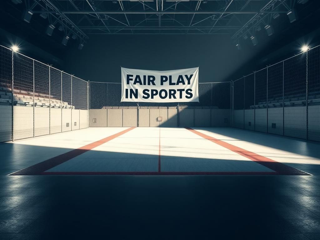 Flick International A fenced-off sports arena featuring an empty fencing piste, symbolizing the controversy over gender policies in athletics.