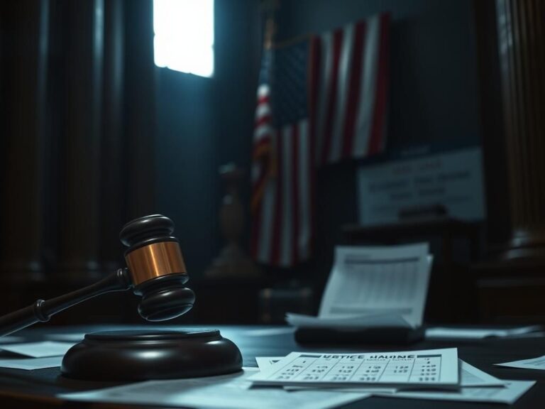 Flick International A darkened courtroom with a judge's gavel and silhouettes of columns, symbolizing justice and authority.