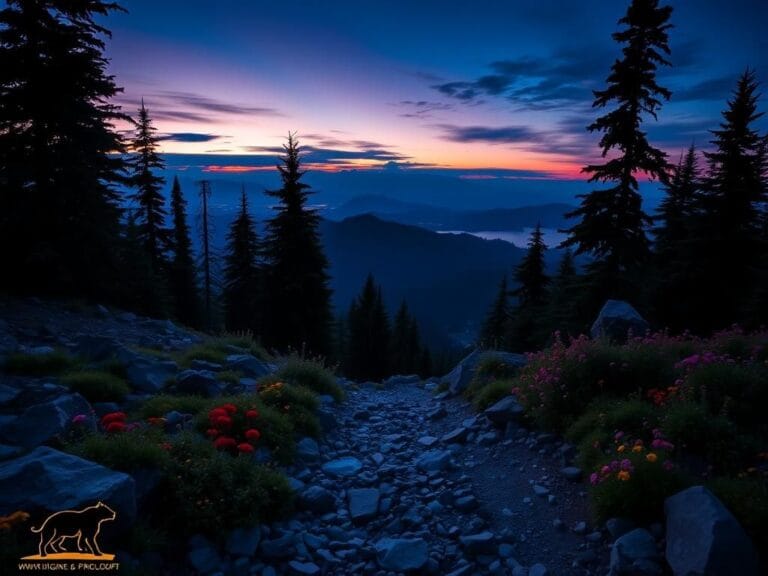 Flick International A serene landscape of Olympic National Park at dusk with a hint of a mountain lion in the foliage