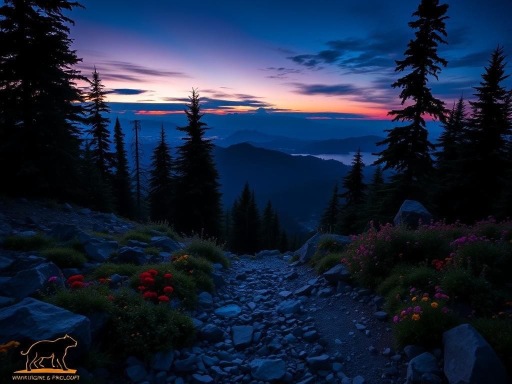 Flick International A serene landscape of Olympic National Park at dusk with a hint of a mountain lion in the foliage