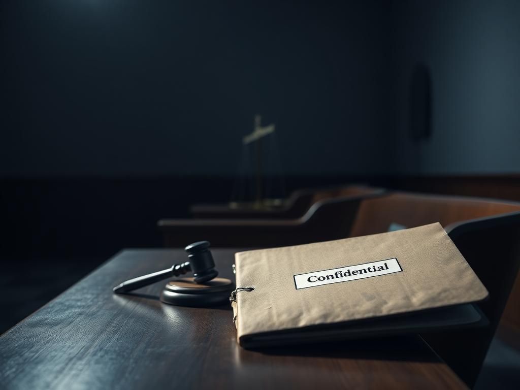 Flick International somber courtroom interior with gavel and confidential file symbolizing justice