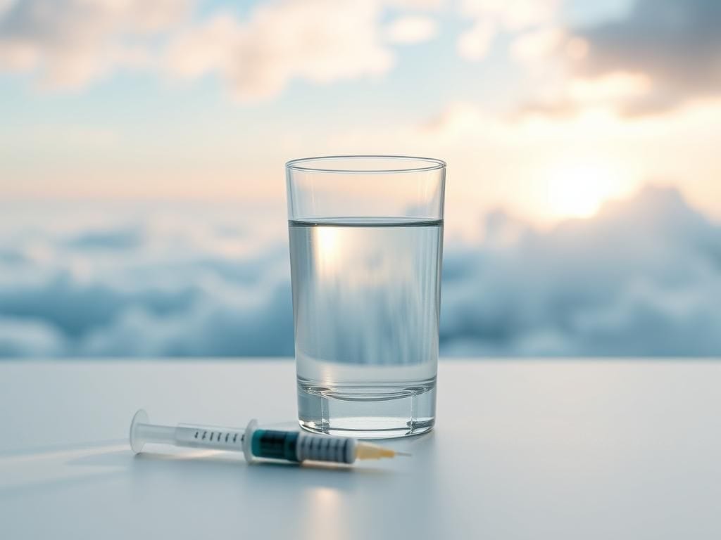 Flick International close-up of a glass of water and syringe symbolizing liraglutide administration in a serene setting