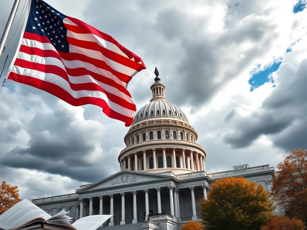 Flick International Dynamic scene of the U.S. Capitol building under dramatic clouds, symbolizing tension over government funding