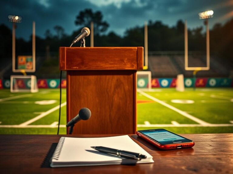 Flick International Dynamic scene at Patriots training camp with podium and microphone