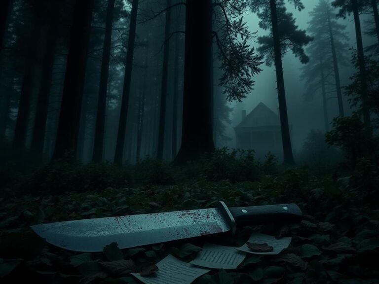 Flick International A blood-stained machete lying on the forest floor among fallen leaves, symbolizing violence and tension