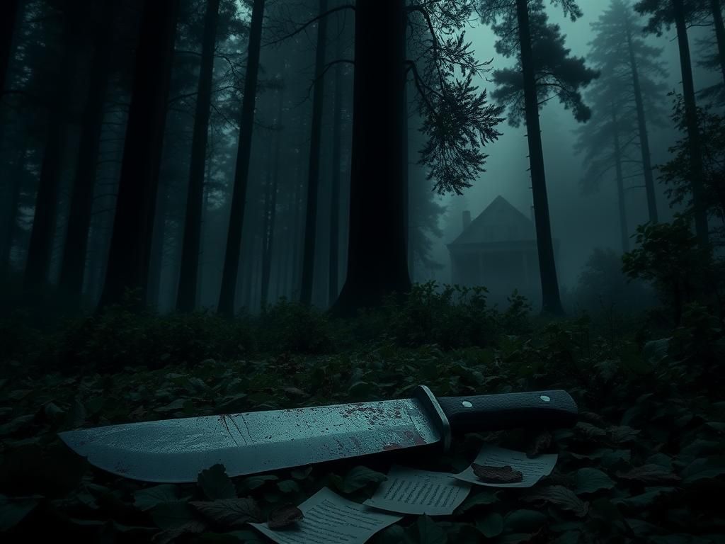 Flick International A blood-stained machete lying on the forest floor among fallen leaves, symbolizing violence and tension