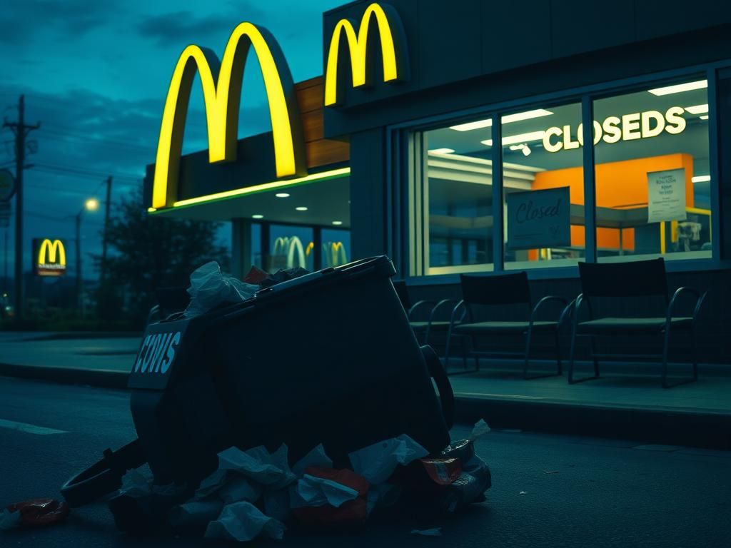 Flick International Exterior view of a McDonald's restaurant with dim neon lights and a tipped trash bin illustrating chaos and conflict.