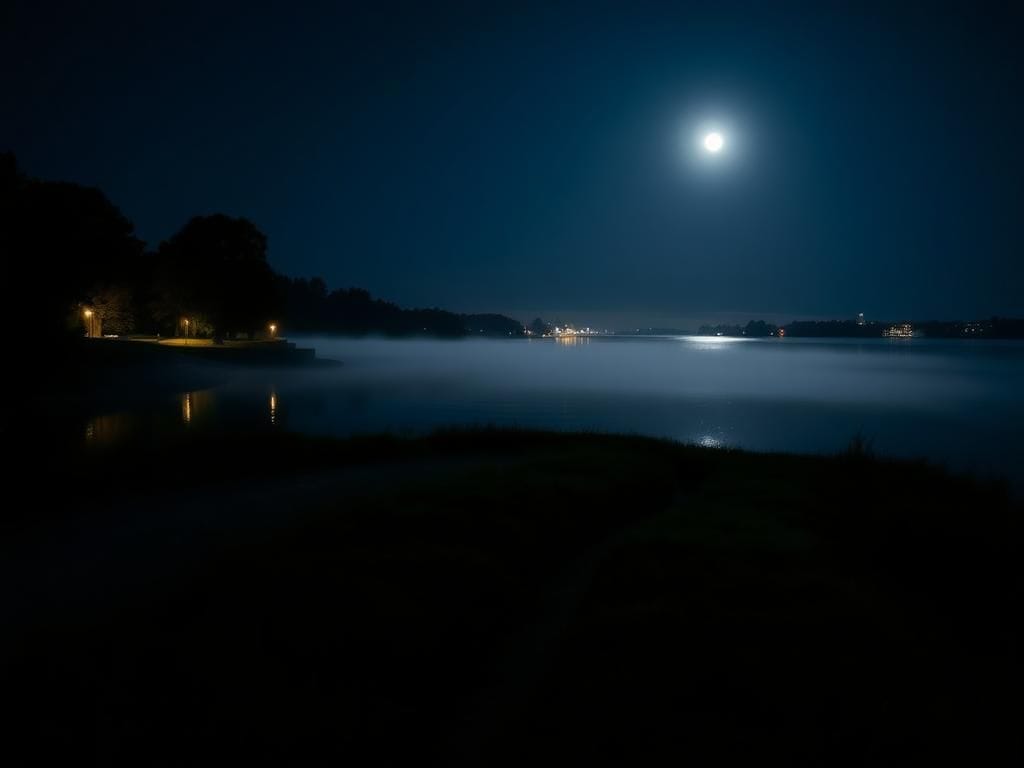 Flick International Serene nighttime waterfront scene in La Crosse, Wisconsin, reflecting moonlight on water