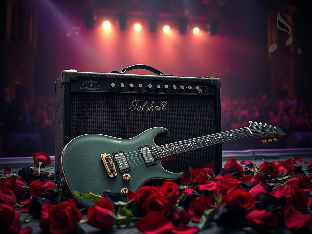Flick International A dark electric guitar resting on a weathered amplifier surrounded by deep red and black roses