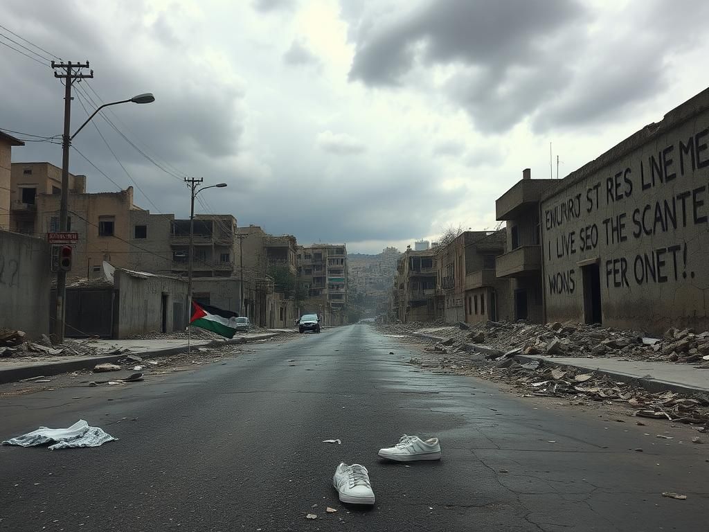 Flick International A desolate urban landscape symbolizing Palestinian suffering, featuring an empty street with a torn flag and abandoned shoes.
