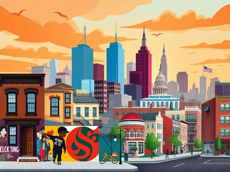 Flick International Abstract representation of a bustling urban landscape in Brooklyn, New York, symbolizing diversity and community growth