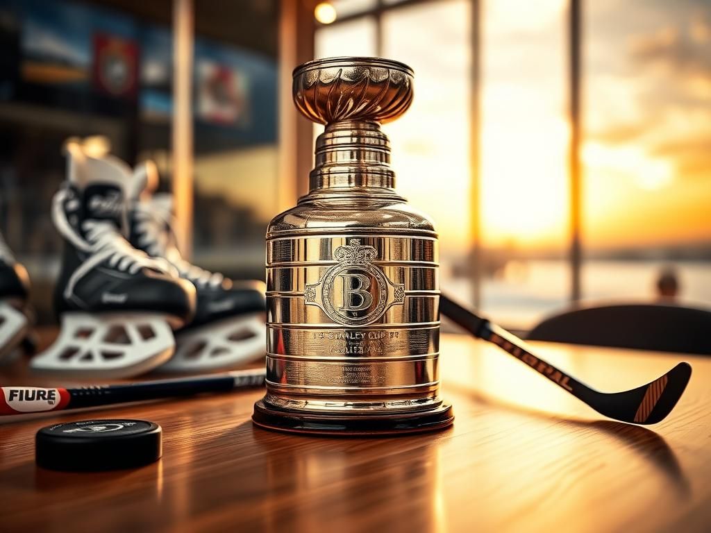 Flick International Close-up of the Stanley Cup surrounded by hockey gear