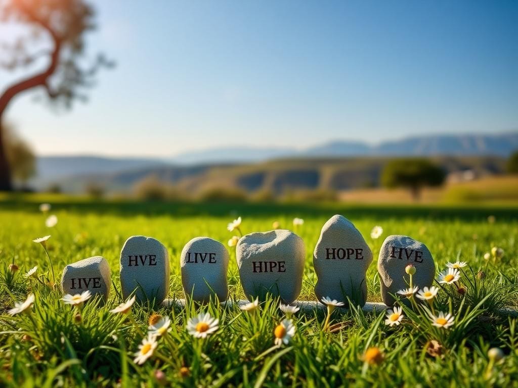 Flick International A serene outdoor scene symbolizing hope and resilience with five uniquely shaped stones representing freed female hostages.