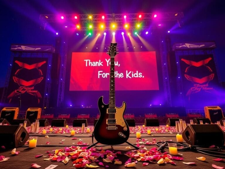 Flick International A dramatic farewell concert scene with vibrant stage lights and an electric guitar on display.