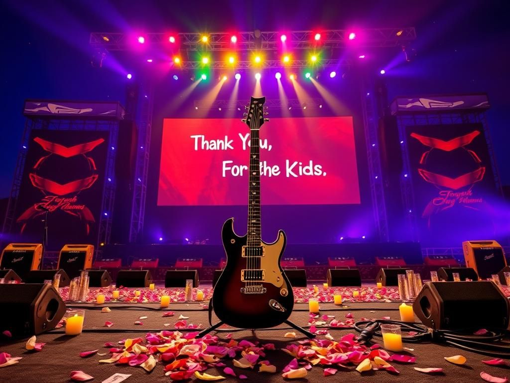 Flick International A dramatic farewell concert scene with vibrant stage lights and an electric guitar on display.