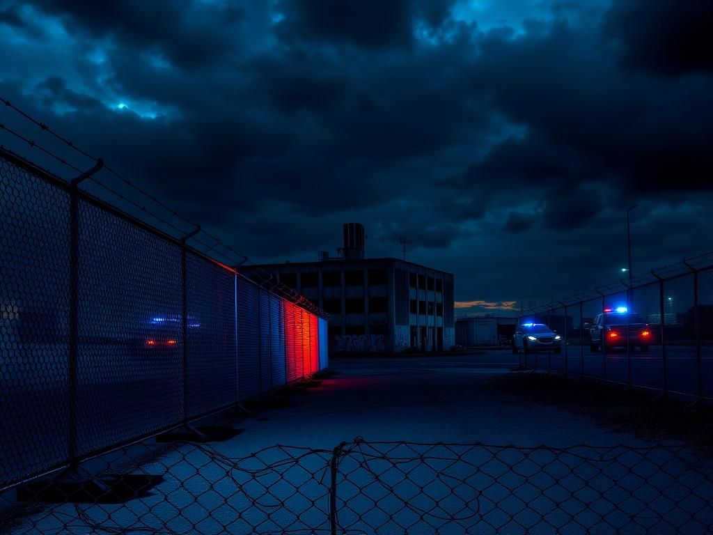 Flick International Empty urban landscape with chain-link fences and barbed wire symbolizing immigration enforcement