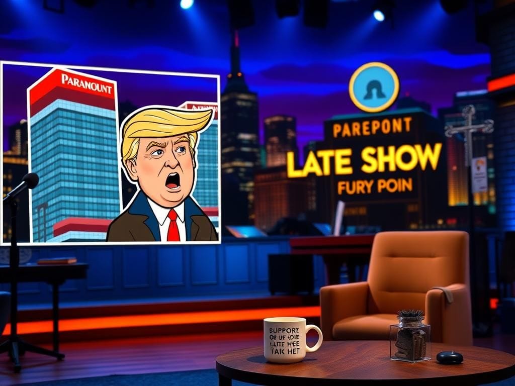 Flick International A vibrant late-night television studio set featuring the 'Late Show' sign and a humorous depiction of Donald Trump