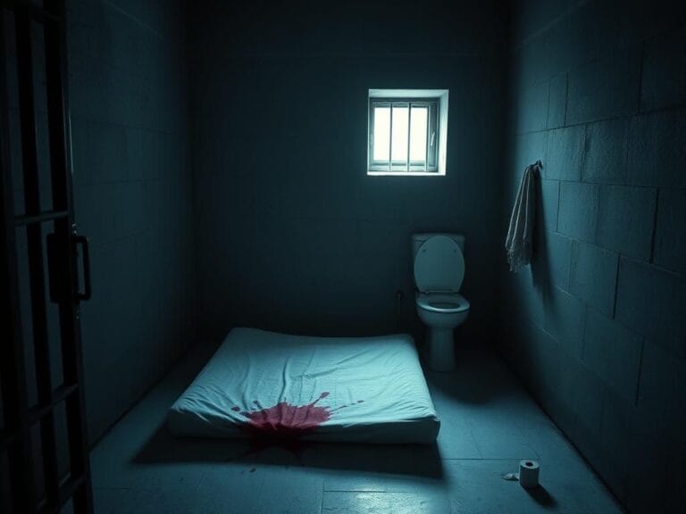 Flick International Interior view of a dimly lit Russian prison cell with cold concrete walls and a stained mattress