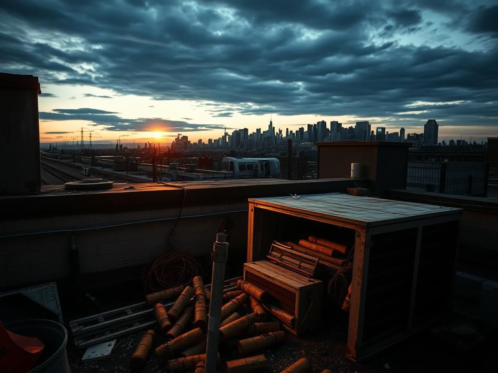 Flick International Rooftop in Manhattan showing improvised explosive devices amidst debris