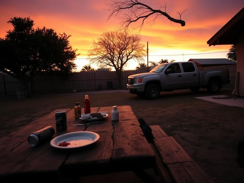 Flick International Somber backyard scene depicting loss in La Feria, Texas