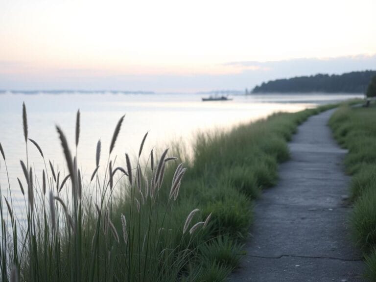 Flick International Serene lakeside scene at dawn in La Crosse, showcasing the Mississippi River and tall grasses amid a foggy atmosphere
