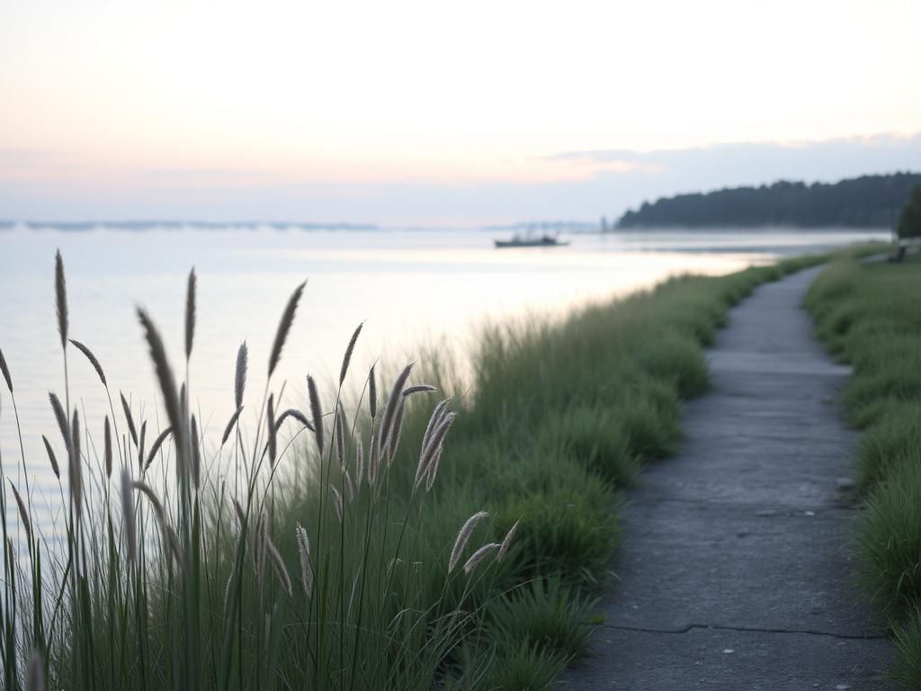 Flick International Serene lakeside scene at dawn in La Crosse, showcasing the Mississippi River and tall grasses amid a foggy atmosphere