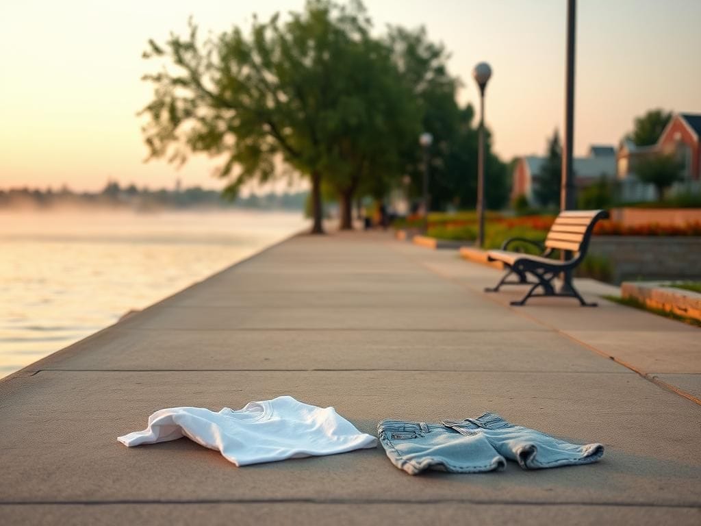 Flick International A serene waterfront scene at dawn in La Crosse, Wisconsin, featuring a small white T-shirt and denim shorts, symbolizing the absence of Eliotte Heinz.