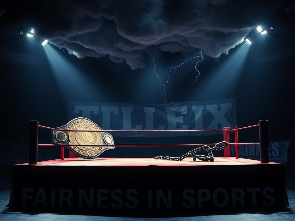 Flick International A dramatic wrestling ring representing the confrontation of ideologies on Title IX enforcement and transgender athletes