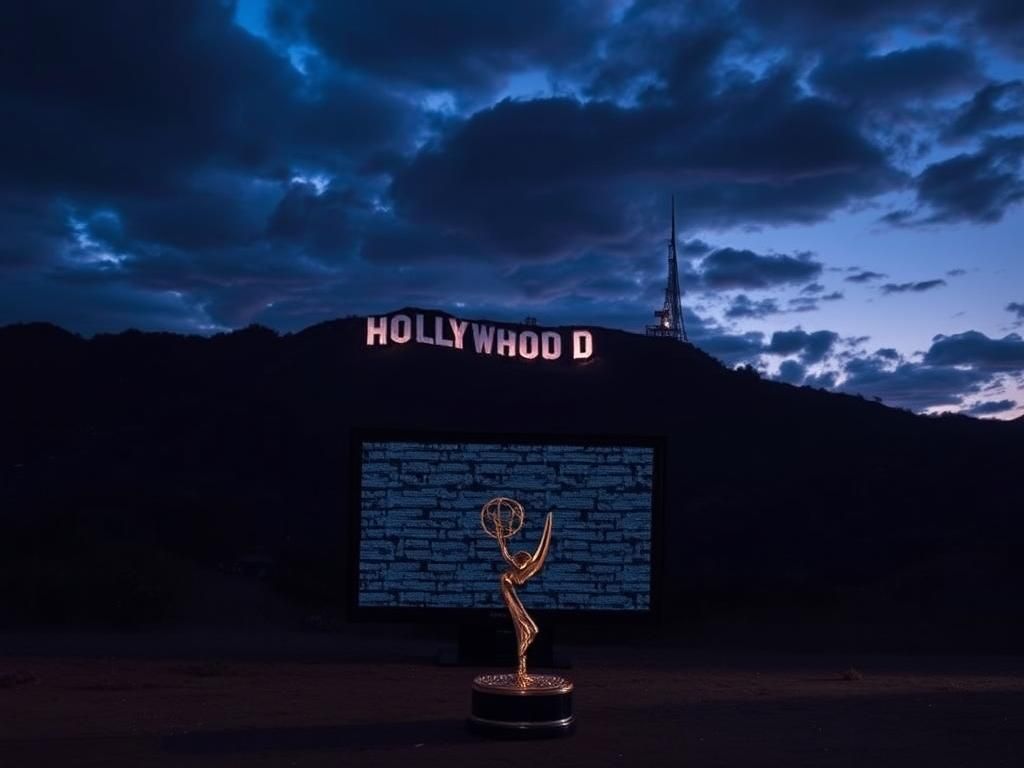 Flick International A dramatic view of the Hollywood sign at twilight with an Emmy statue in front of a static television screen