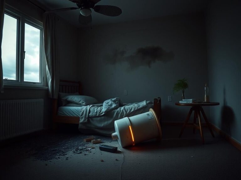 Flick International Dimly lit room in an assisted-living facility with smoke damage and an overturned oxygen concentrator