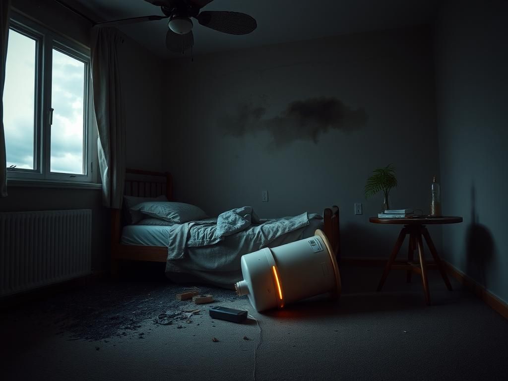 Flick International Dimly lit room in an assisted-living facility with smoke damage and an overturned oxygen concentrator