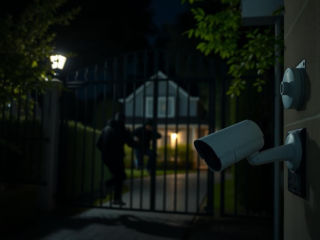 Flick International Shadows of three figures attempting to breach a wrought-iron gate at night