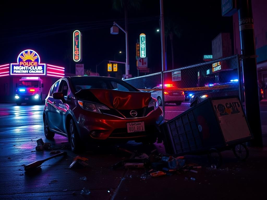 Flick International Crumpled Nissan Versa involved in a nightclub crowd incident