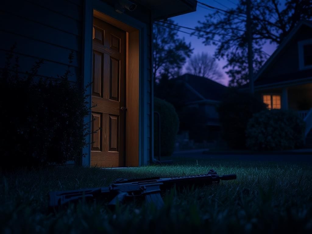Flick International An abandoned airsoft gun and a partially ajar wooden front door in a dimly lit suburban neighborhood, indicating recent disturbances.