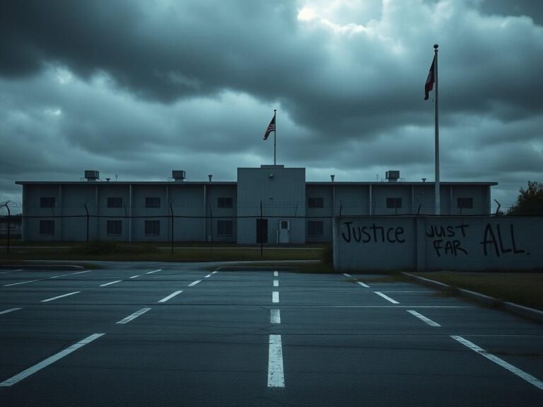 Flick International Exterior view of a modern immigration detention center with barbed wire and security cameras under a cloudy sky