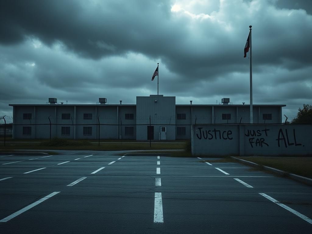 Flick International Exterior view of a modern immigration detention center with barbed wire and security cameras under a cloudy sky