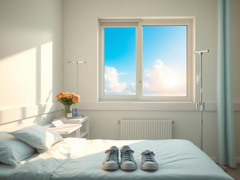 Flick International Hospital room symbolizing recovery with flowers and get-well card