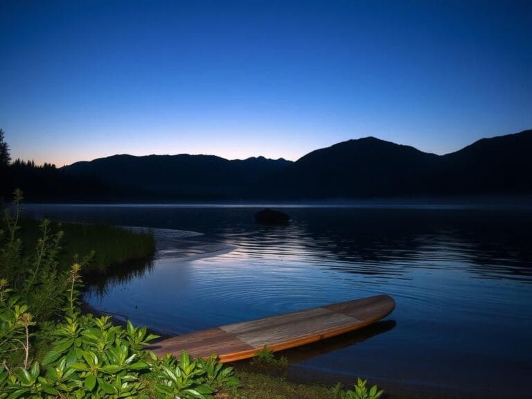 Flick International Abandoned paddleboard on the shore of Lake George at twilight, reflecting a tragic event.