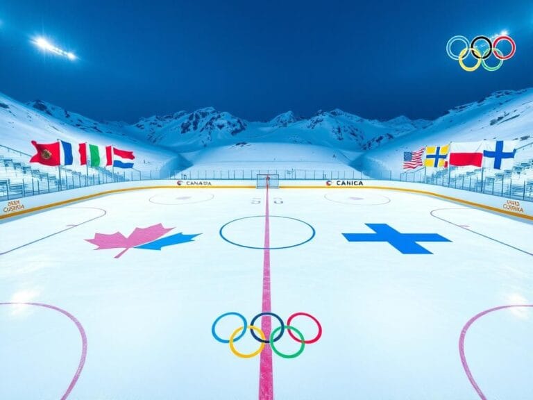 Flick International Pristine ice hockey rink with flags and logos for the 2026 Milano Cortina Olympics