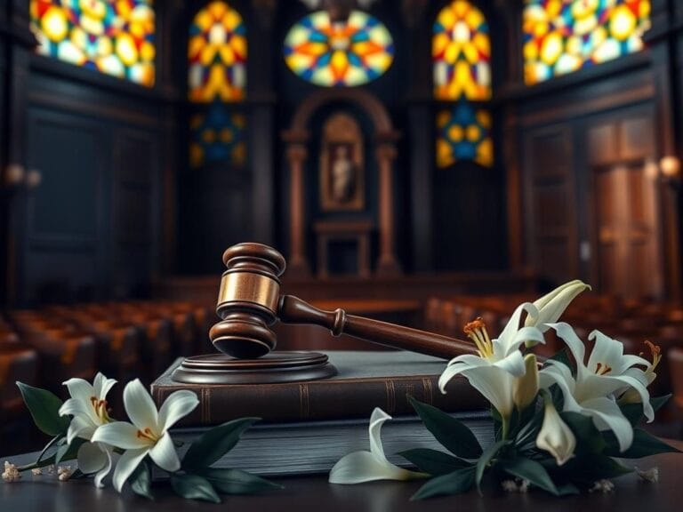Flick International Polished wooden gavel resting on a stack of legal books in a dimly lit empty courtroom