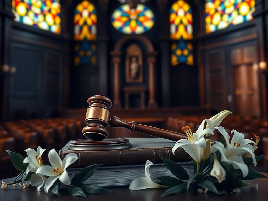Flick International Polished wooden gavel resting on a stack of legal books in a dimly lit empty courtroom