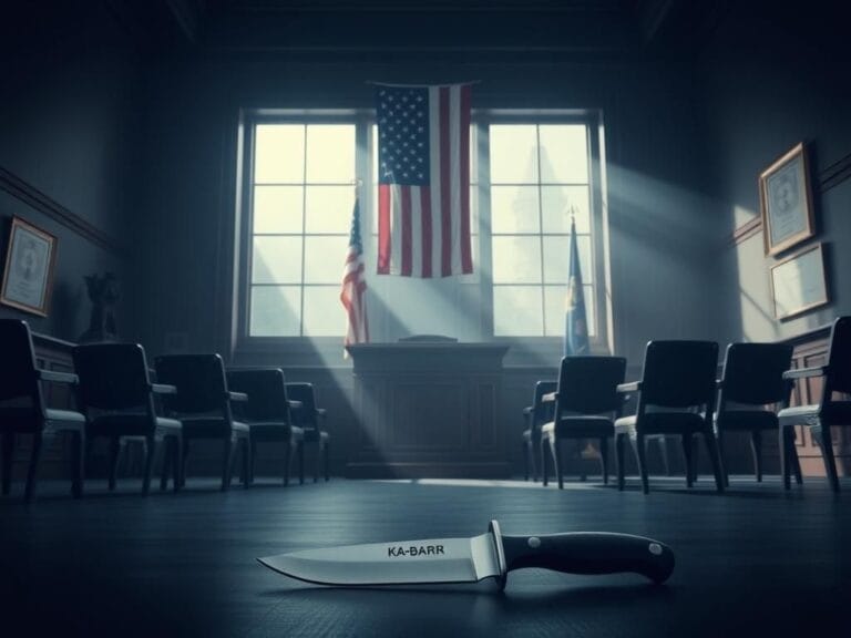 Flick International A solemn courtroom scene depicting a Ka-Bar knife sheath on the floor, symbolizing evidence in the Kohberger sentencing case.