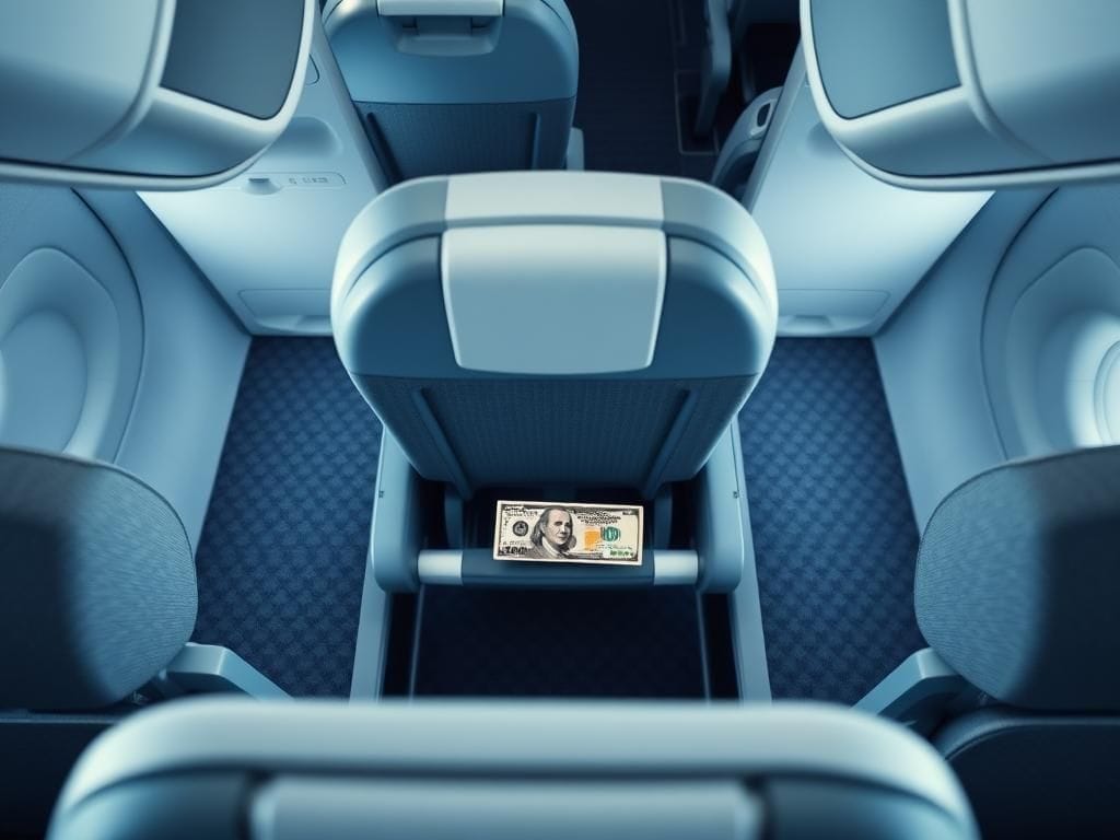 Flick International Close-up view of a middle airline seat with $100 in cash on the armrest and two empty aisle seats.