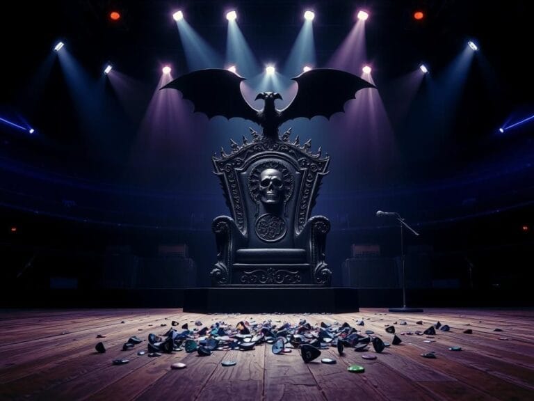 Flick International A dramatic empty concert arena featuring a grand black throne symbolizing Ozzy Osbourne's legacy