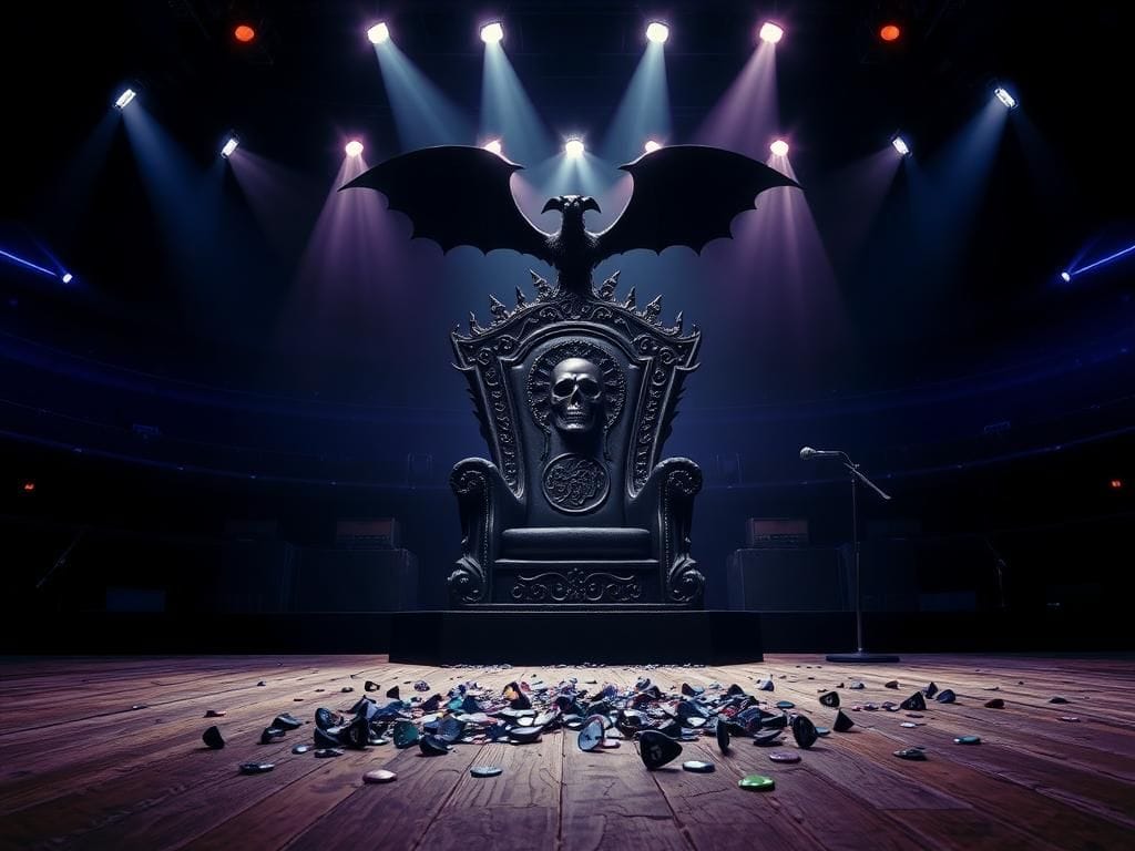 Flick International A dramatic empty concert arena featuring a grand black throne symbolizing Ozzy Osbourne's legacy