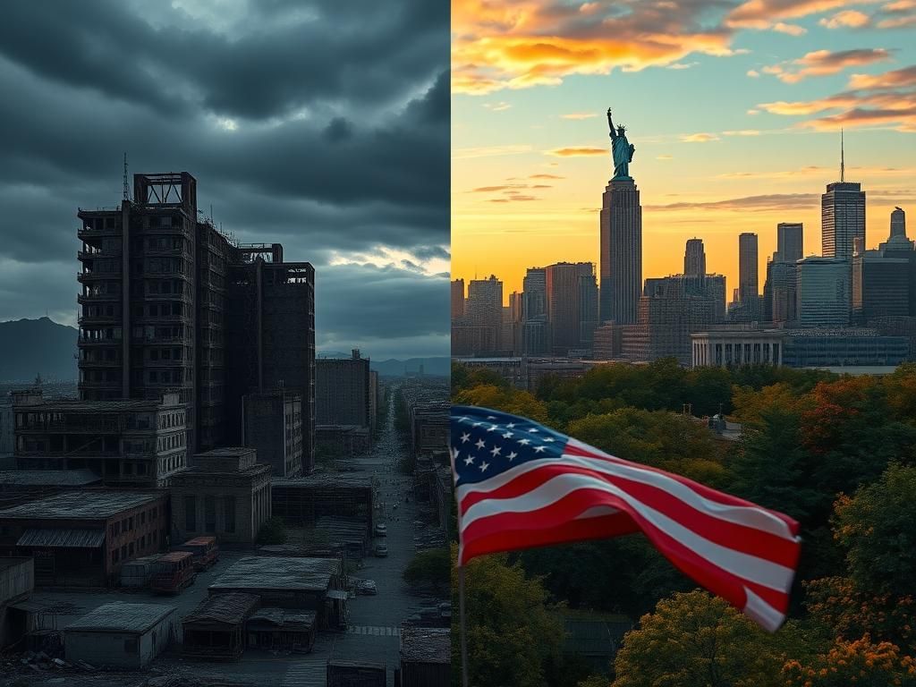 Flick International Opposing images of a Soviet-era cityscape and a vibrant New York City skyline illustrating the theme of freedom versus oppression