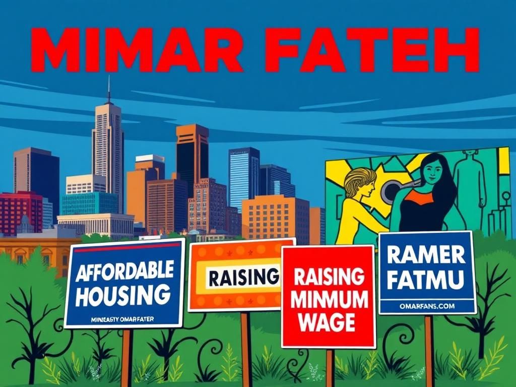 Flick International Vibrant campaign signs in Minneapolis promoting affordable housing and minimum wage, with the iconic skyline in the background