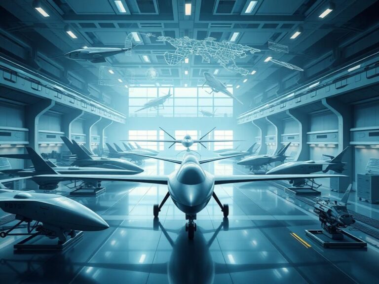 Flick International Futuristic depiction of a modern military facility with advanced weapon systems and UAVs.