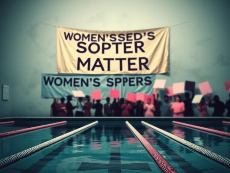 Flick International A digital collage illustrating the tension and controversy surrounding sports and gender identity, featuring an empty swimming pool and faded records.