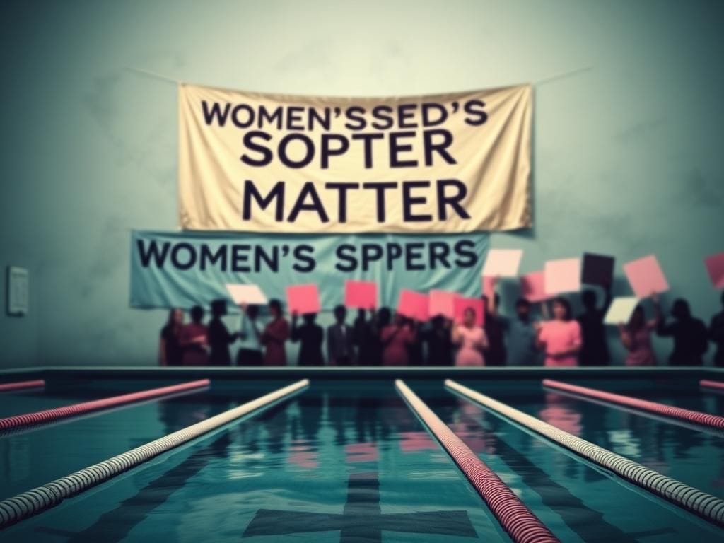 Flick International A digital collage illustrating the tension and controversy surrounding sports and gender identity, featuring an empty swimming pool and faded records.